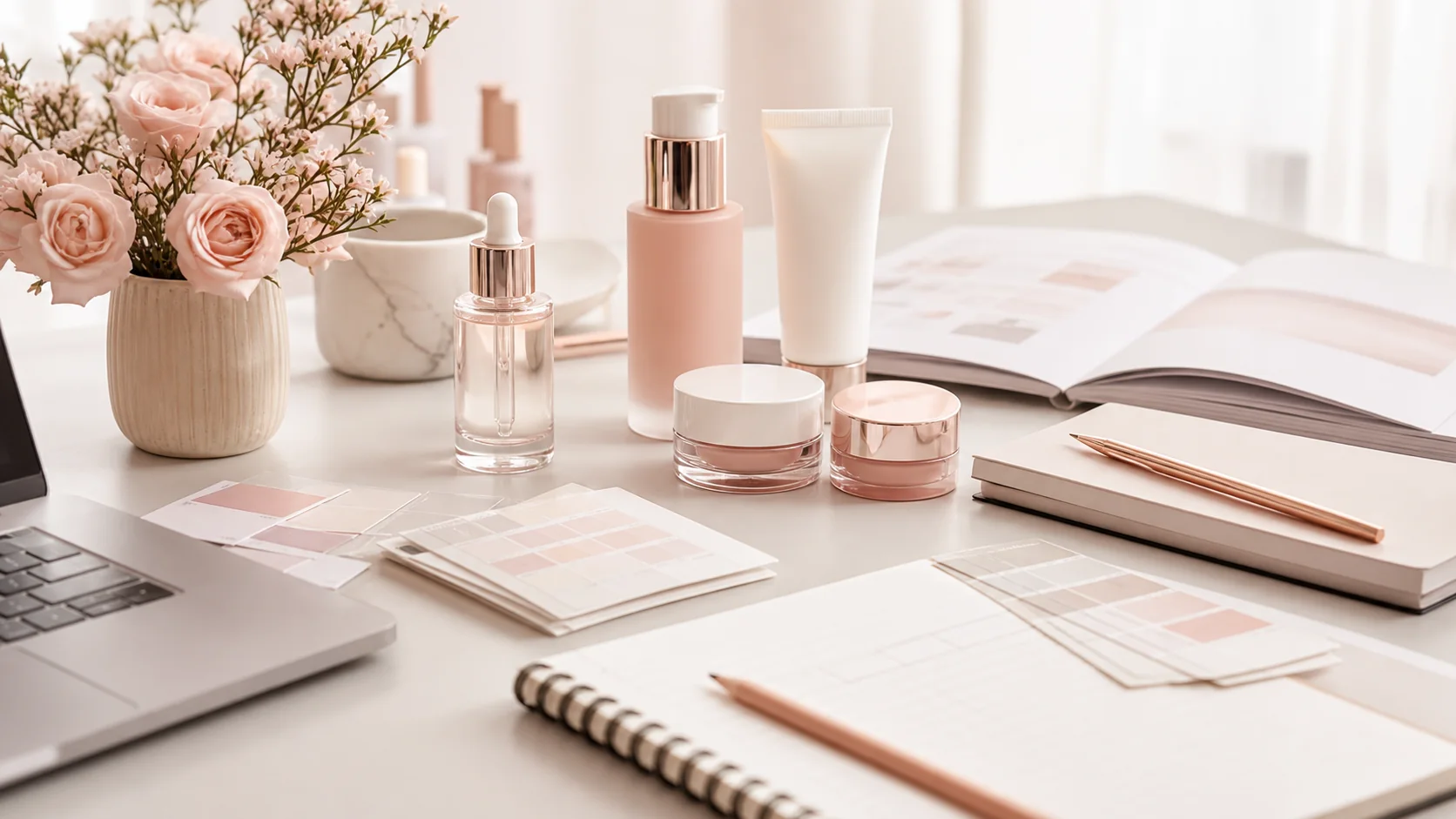 Soft cosmetic consultation desk with skincare samples and project documents for private label buyers