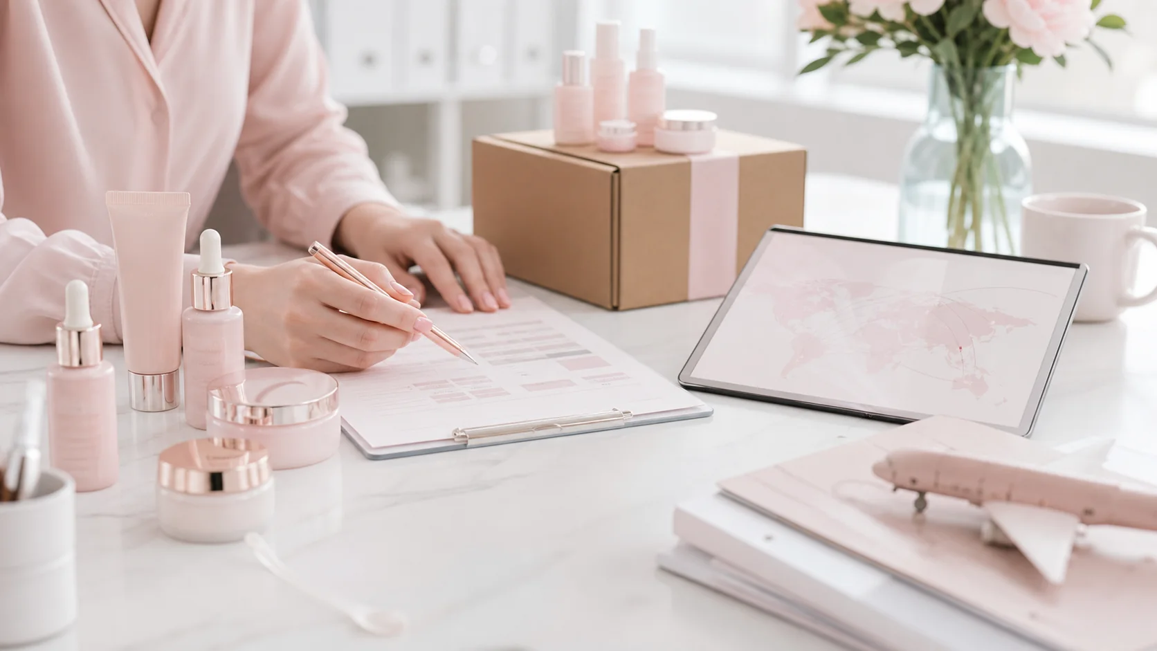 Soft beauty export support scene with cosmetic samples and quality follow-up materials