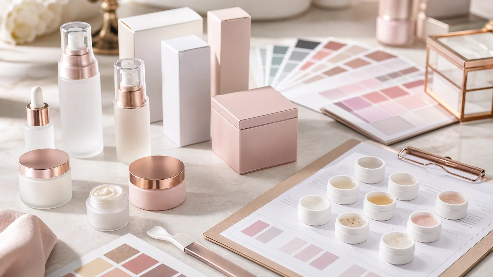 Cosmetic sampling and packaging selection scene for OEM ODM service planning