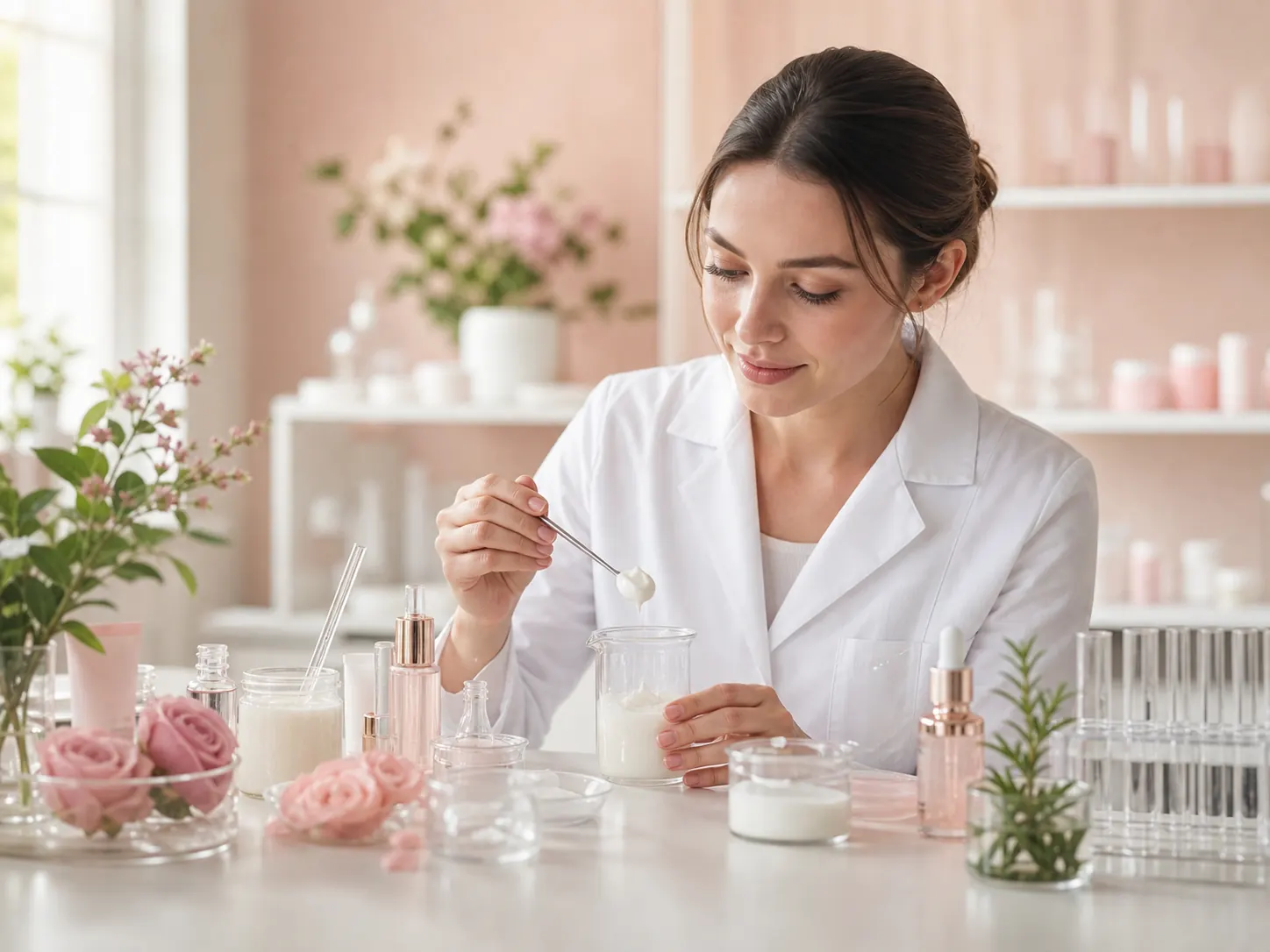 Cosmetic scientist developing skincare formula in a soft pink laboratory
