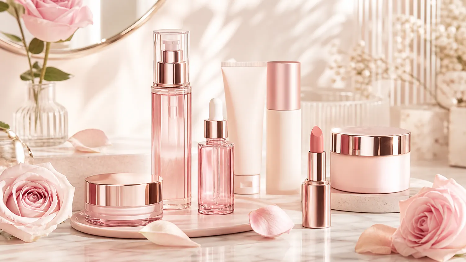 Soft blush cosmetic bottles and skincare jars for custom OEM ODM beauty products